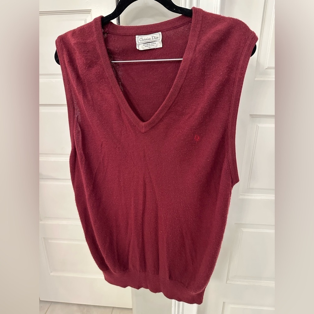 Vintage Christian Dior Orlon Acrylic Vest Size L Burgundy Logo Embroidery Preppy